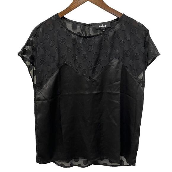 Lulus Women's M Portina Black Satin Polka Dot Top Semi Sheer Evening‎ Cocktail - Picture 1 of 6